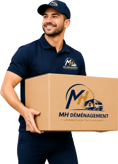 Professionnel MH Déménagement portant un carton